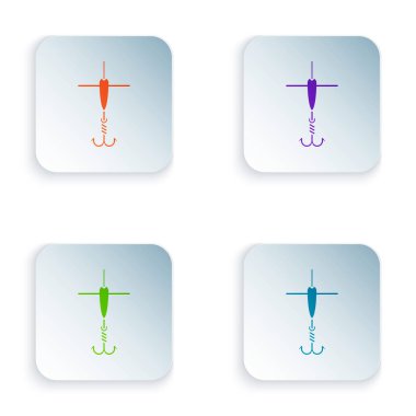 Renk Olta kancave beyaz arka plan üzerinde izole float simgesi. Olta takımı. Simgeleri renkli kare düğmelere ayarlayın. Vektör İllüstrasyonu