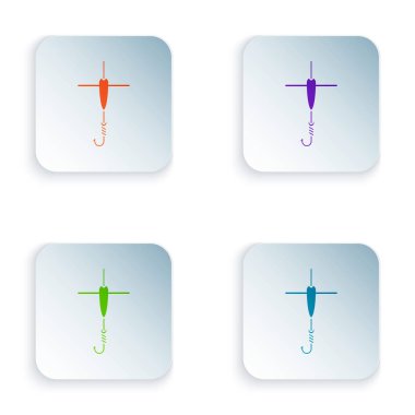 Renk Olta kancave beyaz arka plan üzerinde izole float simgesi. Olta takımı. Simgeleri renkli kare düğmelere ayarlayın. Vektör İllüstrasyonu