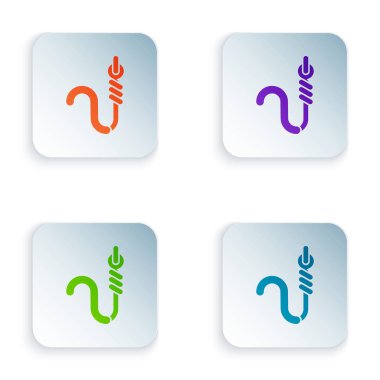 Renkli Olta kancası ve solucan simgesi beyaz arka planda izole edilmiştir. Olta takımı. Simgeleri renkli kare düğmelere ayarlayın. Vektör İllüstrasyonu