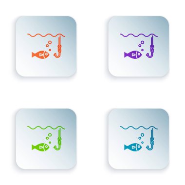 Beyaz arka plan üzerinde izole balık simgesi ile su altında Renk Balıkçılık kanca. Olta takımı. Simgeleri renkli kare düğmelere ayarlayın. Vektör İllüstrasyonu