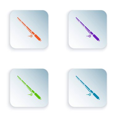 Beyaz arka planda yalıtılmış renkli olta simgesi. Balıkçılık ekipmanları ve balık yetiştiriciliği konuları. Simgeleri renkli kare düğmelere ayarlayın. Vektör İllüstrasyonu