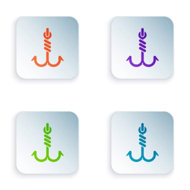 Beyaz arka planda yalıtılmış Renk Olta kancası simgesi. Olta takımı. Simgeleri renkli kare düğmelere ayarlayın. Vektör İllüstrasyonu