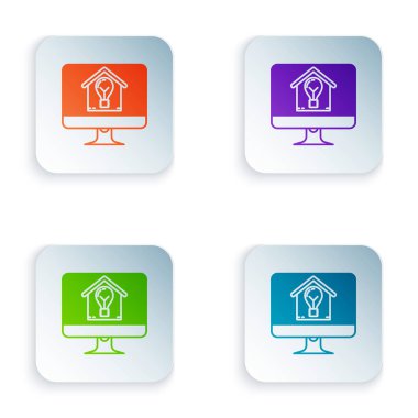 Beyaz arka plan üzerinde izole akıllı ev ve ampul simgesi ile Renkli Bilgisayar monitör. Simgeleri renkli kare düğmelere ayarlayın. Vektör İllüstrasyonu