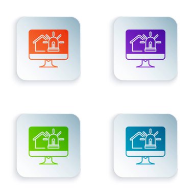 Beyaz arka planda izole edilmiş akıllı ev ve alarm simgesine sahip Renkli Bilgisayar monitörü. Akıllı evin güvenlik sistemi. Simgeleri renkli kare düğmelere ayarlayın. Vektör İllüstrasyonu