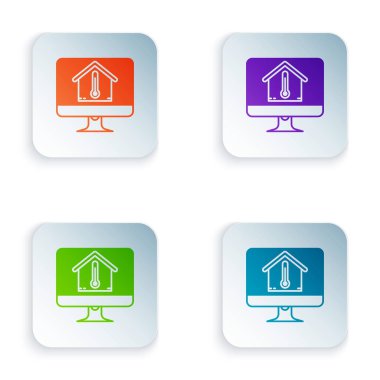 Beyaz arka planda izole edilmiş ev sıcaklığı simgesine sahip Renkli Bilgisayar monitörü. Termometre simgesi. Simgeleri renkli kare düğmelere ayarlayın. Vektör İllüstrasyonu