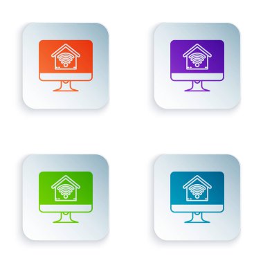 Beyaz arka plan üzerinde izole wi-fi simgesi ile akıllı ev ile Renkli Bilgisayar monitör. Uzaktan kumanda. Simgeleri renkli kare düğmelere ayarlayın. Vektör İllüstrasyonu