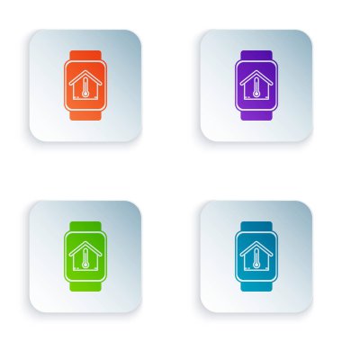 Beyaz arka planda izole edilmiş ev sıcaklığı simgesine sahip Color Smart saat. Termometre simgesi. Simgeleri renkli kare düğmelere ayarlayın. Vektör İllüstrasyonu