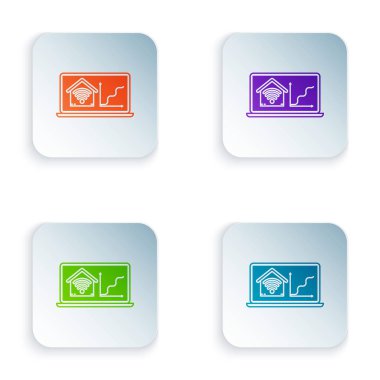 Beyaz arka plan üzerinde izole wi-fi simgesi ile akıllı ev ile Renkli Laptop. Uzaktan kumanda. Simgeleri renkli kare düğmelere ayarlayın. Vektör İllüstrasyonu