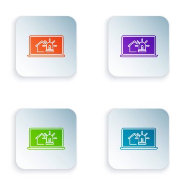 Beyaz arka planda izole akıllı ev ve alarm simgesi ile Renkli Laptop. Akıllı evin güvenlik sistemi. Simgeleri renkli kare düğmelere ayarlayın. Vektör İllüstrasyonu