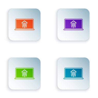 Beyaz arka planda izole edilmiş akıllı ev simgesine sahip Renkli Dizüstü Bilgisayar. Uzaktan kumanda. Simgeleri renkli kare düğmelere ayarlayın. Vektör İllüstrasyonu