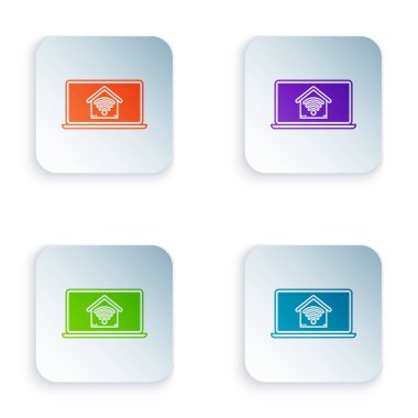 Beyaz arka plan üzerinde izole wi-fi simgesi ile akıllı ev ile Renkli Laptop. Uzaktan kumanda. Simgeleri renkli kare düğmelere ayarlayın. Vektör İllüstrasyonu