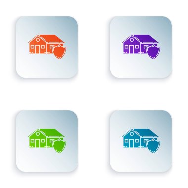 Beyaz arka planda yalıtılmış koruma simgesi altında Color House. Koruma, güvenlik, güvenlik, koruma, savunma konsepti. Simgeleri renkli kare düğmelere ayarlayın. Vektör İllüstrasyonu