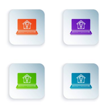 Beyaz arka plan üzerinde izole akıllı ev ve ampul simgesi ile Renkli Laptop. Simgeleri renkli kare düğmelere ayarlayın. Vektör İllüstrasyonu