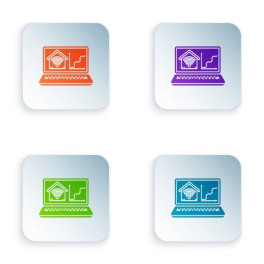 Beyaz arka plan üzerinde izole wi-fi simgesi ile akıllı ev ile Renkli Laptop. Uzaktan kumanda. Simgeleri renkli kare düğmelere ayarlayın. Vektör İllüstrasyonu