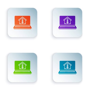 Beyaz arka planda izole edilmiş ev sıcaklığı simgesine sahip Renkli Dizüstü Bilgisayar. Termometre simgesi. Simgeleri renkli kare düğmelere ayarlayın. Vektör İllüstrasyonu