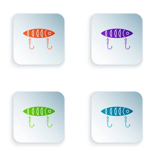 Cor ícone isca Pesca isolado no fundo branco. Equipamento de pesca. Definir ícones em botões quadrados coloridos. Ilustração vetorial — Vetor de Stock