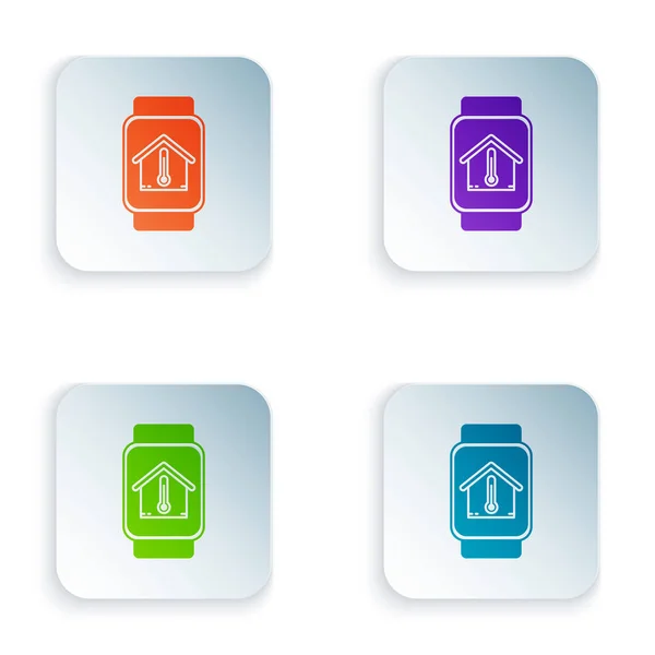 흰색 배경에 격리 된 집 온도 아이콘이있는 컬러 스마트 시계. 온도계 아이콘입니다. 다채로운 사각형 버튼에 아이콘을 설정합니다. 벡터 일러스트레이션 — 스톡 벡터