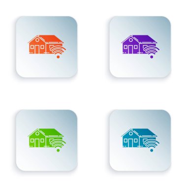 Beyaz arka plan üzerinde izole wi-fi simgesi ile Color Smart ev. Uzaktan kumanda. Simgeleri renkli kare düğmelere ayarlayın. Vektör İllüstrasyonu