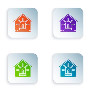 Beyaz arka planda yalıtılmış Color Smart ev ve alarm simgesi. Akıllı evin güvenlik sistemi. Simgeleri renkli kare düğmelere ayarlayın. Vektör İllüstrasyonu