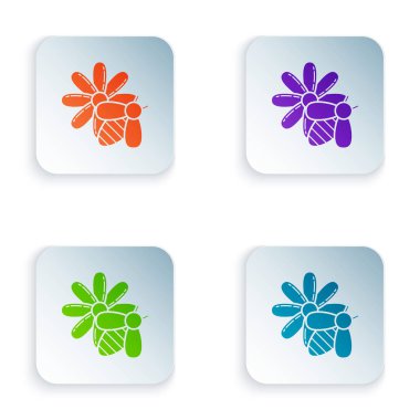 Beyaz arka planda izole renk Arı ve çiçek simgesi. Tatlı doğal yemekler. Bal arısı veya kanat sembolü ile apis. Uçan böcek. Simgeleri renkli kare düğmelere ayarlayın. Vektör İllüstrasyonu