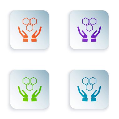 Renkli Petek ve beyaz arka plan üzerinde izole eller simgesi. Bal hücreleri sembolü. Tatlı doğal yemekler. Simgeleri renkli kare düğmelere ayarlayın. Vektör İllüstrasyonu