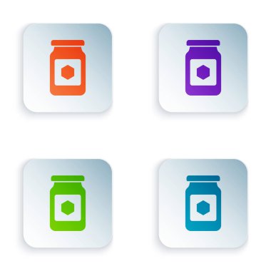 Beyaz arka planda izole bal simgesirenk Kavanoz. Yemek bankası. Tatlı doğal gıda sembolü. Simgeleri renkli kare düğmelere ayarlayın. Vektör İllüstrasyonu