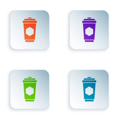 Beyaz arka plan üzerinde izole bal simgesi ile çay Renk Fincan. Tatlı doğal yemekler. Simgeleri renkli kare düğmelere ayarlayın. Vektör İllüstrasyonu