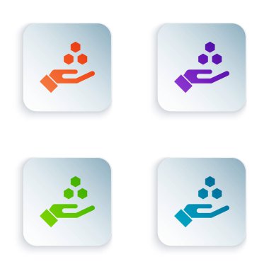 Renkli Petek ve el simgesi beyaz arka plan üzerinde izole. Bal hücreleri sembolü. Tatlı doğal yemekler. Simgeleri renkli kare düğmelere ayarlayın. Vektör İllüstrasyonu