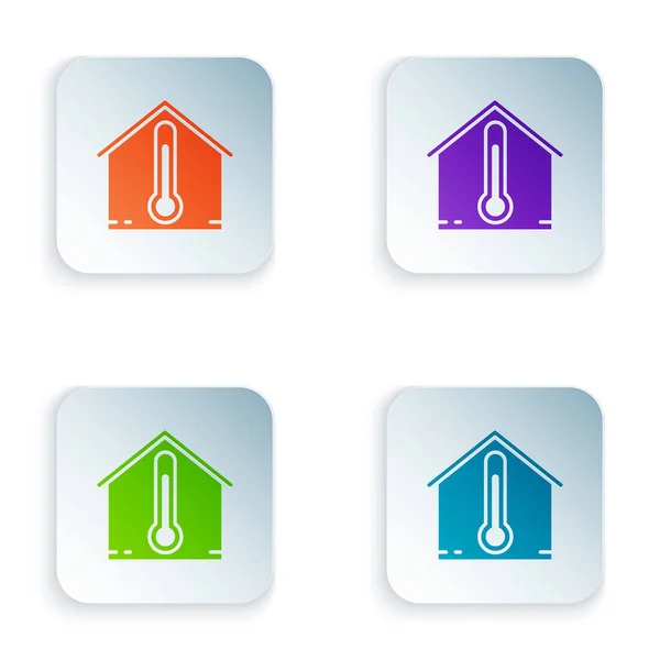 Farbe Haus Temperatur Symbol isoliert auf weißem Hintergrund. Thermometer-Symbol. setzen Symbole in bunten quadratischen Tasten. Vektorillustration — Stockvektor
