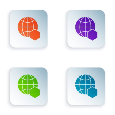 Beyaz arka plan üzerinde izole dünya simgesiNin Renkli Petek haritası. Dünya arı günü. Kavram ekolojik olay. Simgeleri renkli kare düğmelere ayarlayın. Vektör İllüstrasyonu