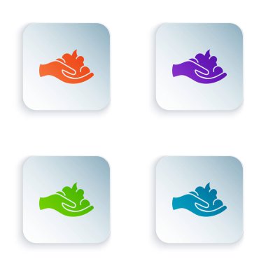 Beyaz arka planda izole el simgesi üzerinde Renk Tıraş jeli köpük. Tıraş kremi. Simgeleri renkli kare düğmelere ayarlayın. Vektör İllüstrasyonu