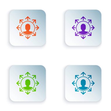 Beyaz arka planda yalıtılmış Renk Projesi takım taban simgesi. İş analizi ve planlaması, danışmanlık, ekip çalışması, proje yönetimi. Simgeleri renkli kare düğmelere ayarlayın. Vektör İllüstrasyonu