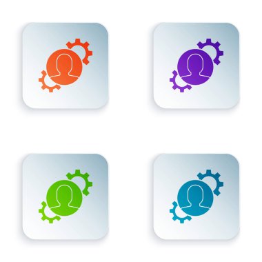 Beyaz arka plan üzerinde izole simgesi içinde dişli ile Renk İnsan. Yapay zeka. Beyin işaretini düşünmek. Beynin sembol çalışması. Simgeleri renkli kare düğmelere ayarlayın. Vektör İllüstrasyonu