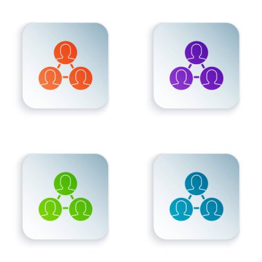 Beyaz arka planda yalıtılmış Renk Projesi takım taban simgesi. İş analizi ve planlaması, danışmanlık, ekip çalışması, proje yönetimi. Simgeleri renkli kare düğmelere ayarlayın. Vektör İllüstrasyonu