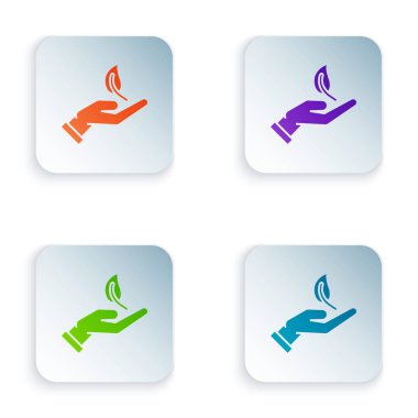 Renk Sprout elinde çevre koruma simgesi beyaz arka planda izole. Tohum ve fide. Fidan dikmek. Ekoloji konsepti. Renkli kare düğmeleri simgeleri ayarlayın. Vektör Illustration