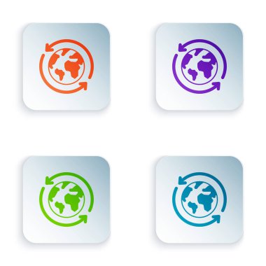 Color Planet earth ve beyaz arka plan üzerinde izole edilmiş bir geri dönüşüm simgesi. Çevre kavramı. Simgeleri renkli kare düğmelere ayarlayın. Vektör İllüstrasyonu