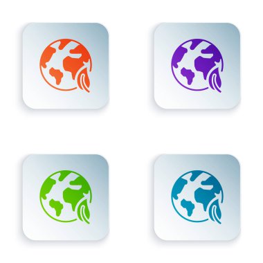 Renkli Dünya küresi ve beyaz arka plan üzerinde izole yaprak simgesi. Dünya veya Dünya işareti. Geometrik şekiller. Çevre kavramı. Simgeleri renkli kare düğmelere ayarlayın. Vektör İllüstrasyonu