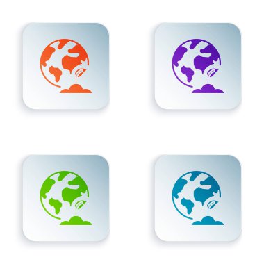 Renkli Dünya küre ve bitki simgesi beyaz arka plan üzerinde izole. Dünya veya Dünya işareti. Geometrik şekiller. Çevre kavramı. Simgeleri renkli kare düğmelere ayarlayın. Vektör İllüstrasyonu