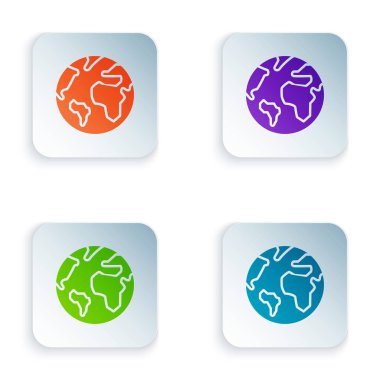 Beyaz arka planda izole renkli Earth küre simgesi. Dünya veya dünya tabelası. Küresel internet sembolü. Geometrik şekiller. Renkli kare düğmeleri simgeleri ayarlayın. Vektör Illustration