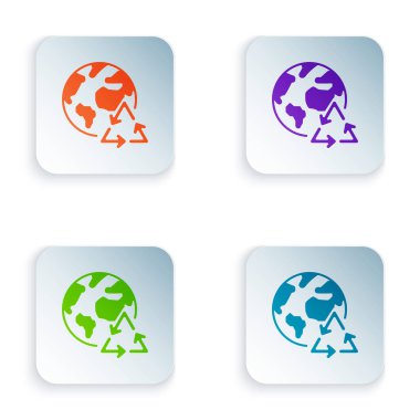 Color Planet earth ve beyaz arka plan üzerinde izole edilmiş bir geri dönüşüm simgesi. Çevre kavramı. Simgeleri renkli kare düğmelere ayarlayın. Vektör İllüstrasyonu