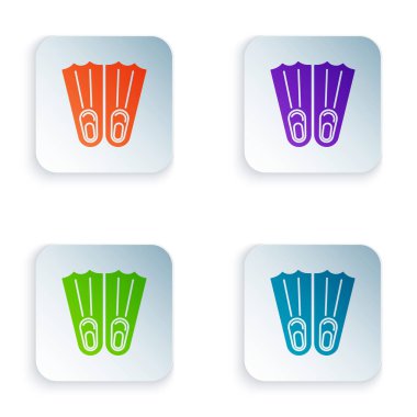Beyaz arka planda izole yüzme simgesi için Renk Kauçuk yüzgeçler. Dalış ekipmanları. Ekstrem sporlar. Spor ekipmanları. Simgeleri renkli kare düğmelere ayarlayın. Vektör İllüstrasyonu
