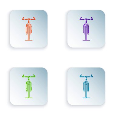 Beyaz arka planda yalıtılmış Renkli Bisiklet simgesi. Bisiklet yarışı. Ekstrem sporlar. Spor ekipmanları. Simgeleri renkli kare düğmelere ayarlayın. Vektör İllüstrasyonu