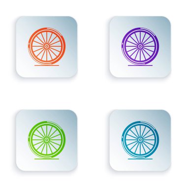 Beyaz arka planda yalıtılmış Renkli Bisiklet tekerleği simgesi. Bisiklet yarışı. Ekstrem sporlar. Spor ekipmanları. Simgeleri renkli kare düğmelere ayarlayın. Vektör İllüstrasyonu