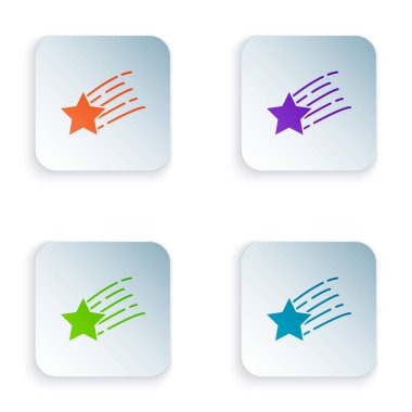 Beyaz arka planda yalıtılmış Renk Falling yıldız simgesi. Yıldız izi olan kayan yıldız. Meteoroid, göktaşı, kuyruklu yıldız, asteroit, yıldız simgesi. Simgeleri renkli kare düğmelere ayarlayın. Vektör İllüstrasyonu