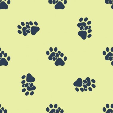 Mavi Paw baskı simgesi izole Dikişsiz desen beyaz arka plan üzerinde. Köpek veya kedi pençe baskı. Hayvan parkuru. Vektör Illustration