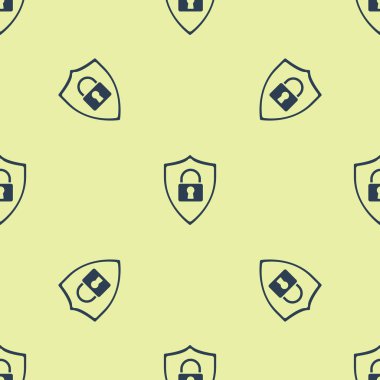 Kilit simgesi simge sarı arka plan üzerinde izole sorunsuz desen ile Mavi Kalkan güvenlik. Koruma, güvenlik, şifre güvenliği. Güvenlik duvarı erişim gizlilik işareti. Vektör İllüstrasyonu