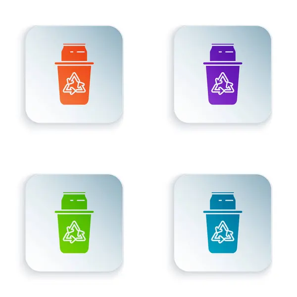 Kleur recycle bin met recycle symbool en kan pictogram geïsoleerd op witte achtergrond. Prullenbakpictogram. Vuilnis bin teken. Recycle mand teken. Pictogrammen instellen in kleurrijke vierkante knoppen. Vector illustratie — Stockvector