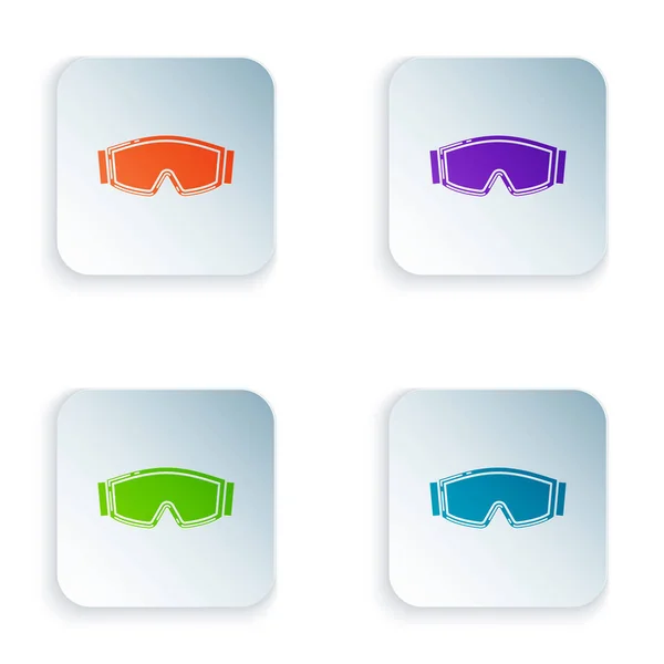 Колір Піктограма лижних окулярів ізольована на білому тлі. Екстремальний спорт. Спортивне обладнання. Встановити піктограми за допомогою барвистих квадратних кнопок. Векторна ілюстрація — стоковий вектор