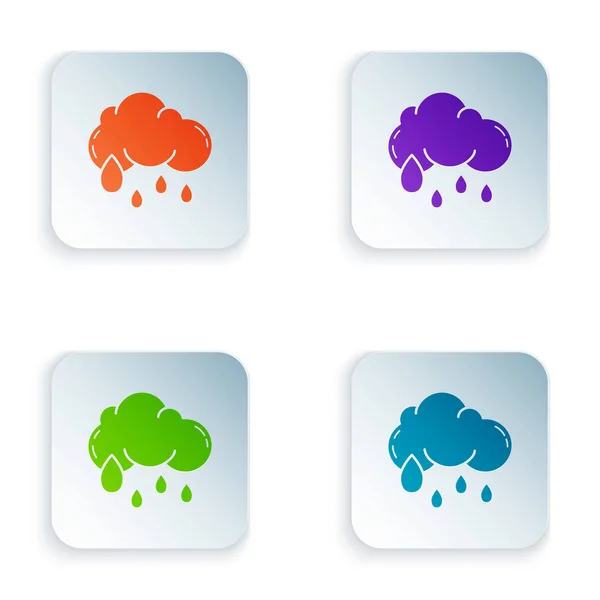 Color Cloud with rain icon isolated on white background. Rain cloud precipitation with rain drops. Set icons in colorful square buttons. Vector Illustration — Stock Vector