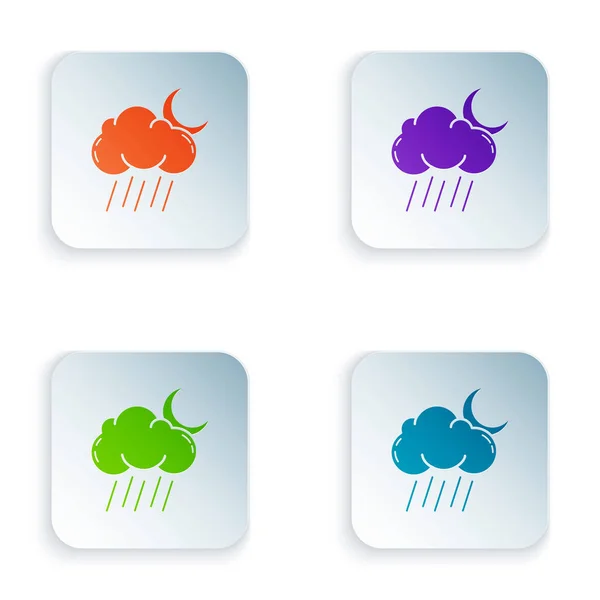 Farbwolke mit Regen und Mondsymbol isoliert auf weißem Hintergrund. Regenwolken Niederschlag mit Regentropfen. setzen Symbole in bunten quadratischen Tasten. Vektorillustration — Stockvektor